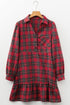 Plaid Shirt Collar Half Button Chest Pocket Ruffle Hem A Line Mini Dress